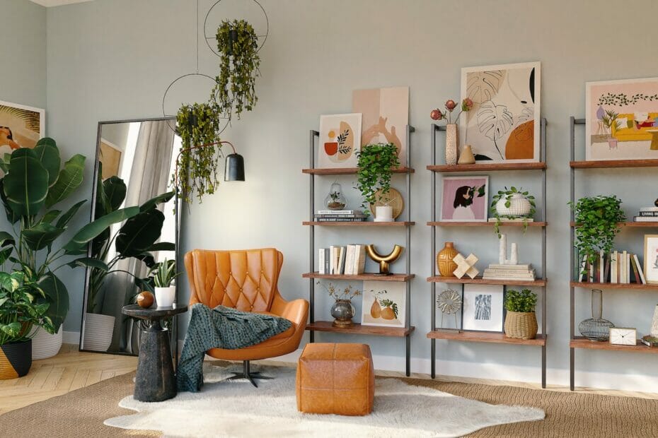 brown and black armchair beside white wooden shelf
