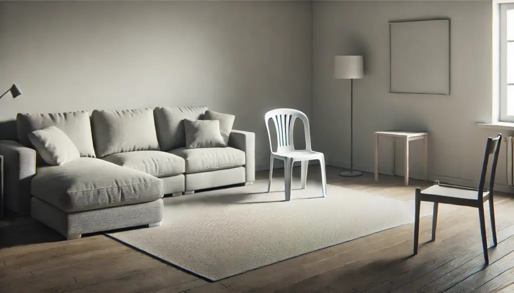 DALL·E A living room with a single plastic chair The space is sparsely furnished lacking essential furniture pieces like a sofa or additional seating The-Lo que NUNCA debes hacer en la decoración de sala interior según nuestro equipo de diseño de interiores 2024
