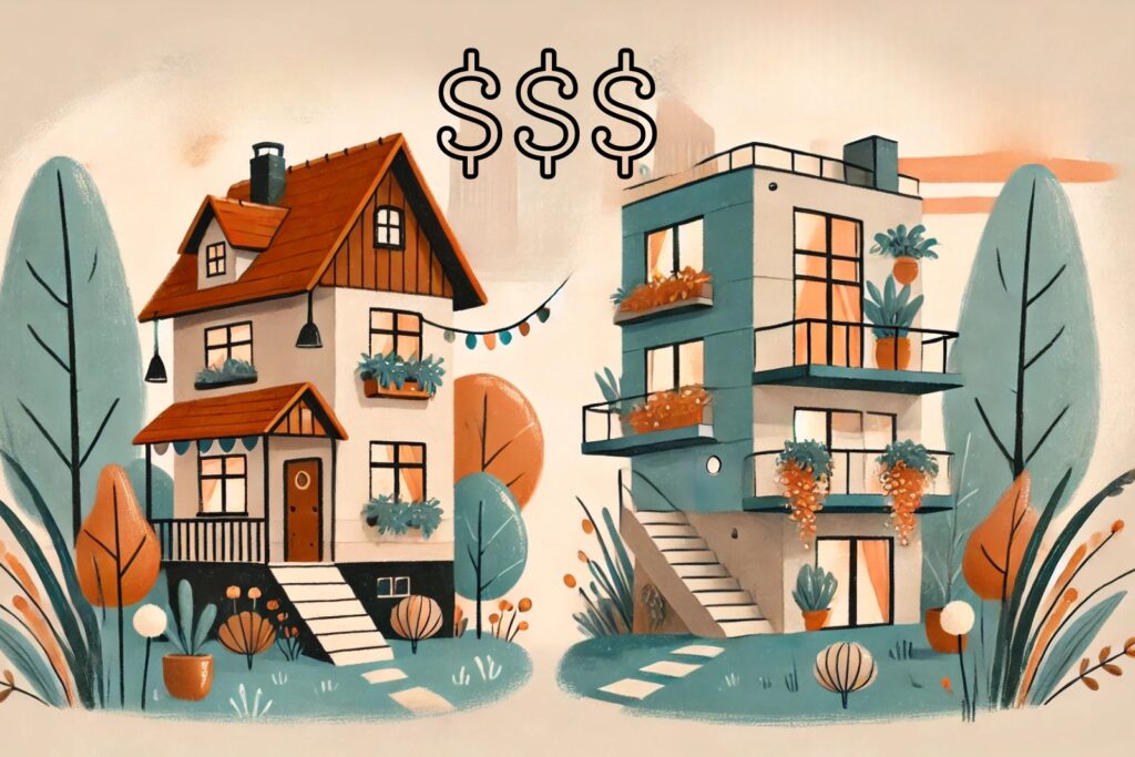 Ilustración de dos casas: una casa tradicional de dos pisos con techo inclinado a la izquierda y un edificio moderno de tres pisos con techo plano a la derecha. Sobre ellas hay tres símbolos de dólar que indican propiedades disponibles para arrendar.