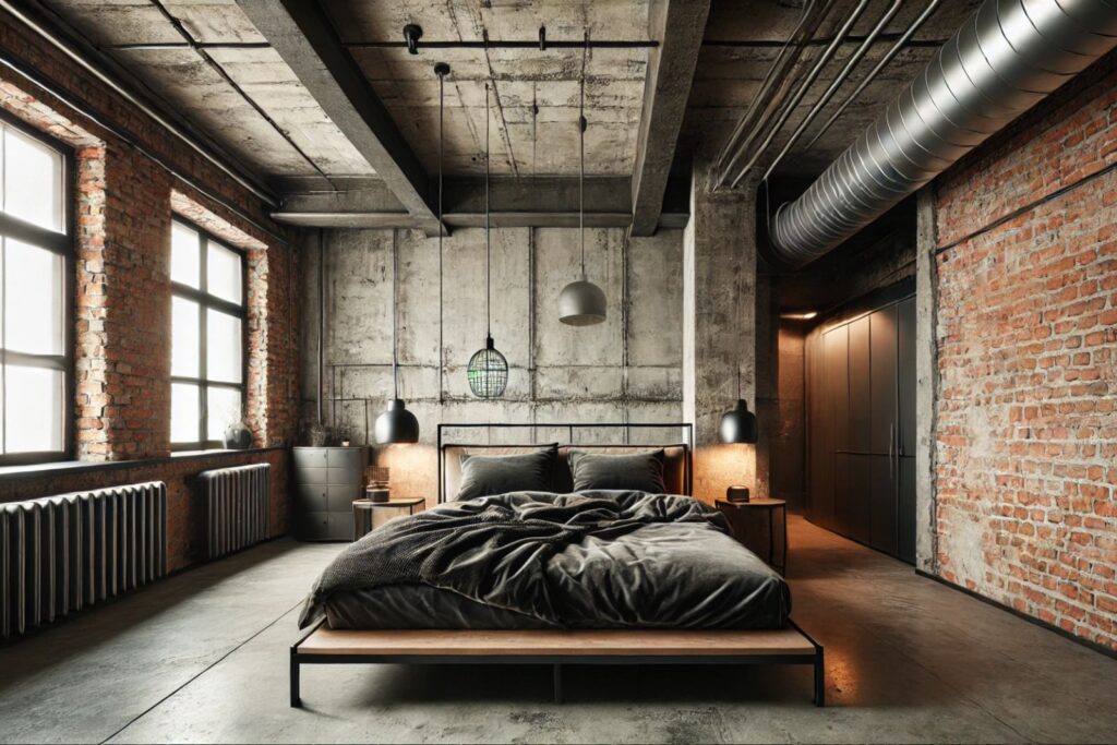 Un dormitorio de estilo industrial con paredes de ladrillo techo de hormigón y conductos a la vista Grandes ventanales iluminan la cama moderna mientras que las luces colgantes se ciernen sobre ella Tome decisiones de diseño para su hogar que le aseguren que no se arrepentirá en años con este enfoque de diseño atemporal-5 decisiones de diseño para tu hogar de las que te podrías arrepentir en 5 años