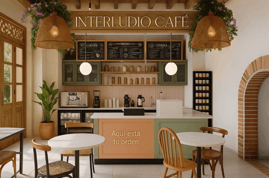 Un acogedor interior de cafetería con mesas y sillas de madera un mostrador con la leyenda “Aquí está tu pedido” luces colgantes plantas y un tablero de menú bajo el letrero “INTERLUDIO CAFÉ” Un acogedor interior de cafetería con mesas y sillas de madera un mostrador con la leyenda “Aquí está tu pedido” luces colgantes plantas y un tablero de menú bajo el letrero “INTERLUDIO CAFÉ”