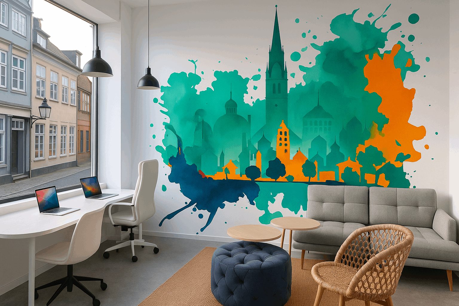 Oficina moderna con escritorios sillas computadoras portátiles un sofá y un gran mural colorido de edificios de la ciudad en la pared con formas de acuarela verdes y naranjas