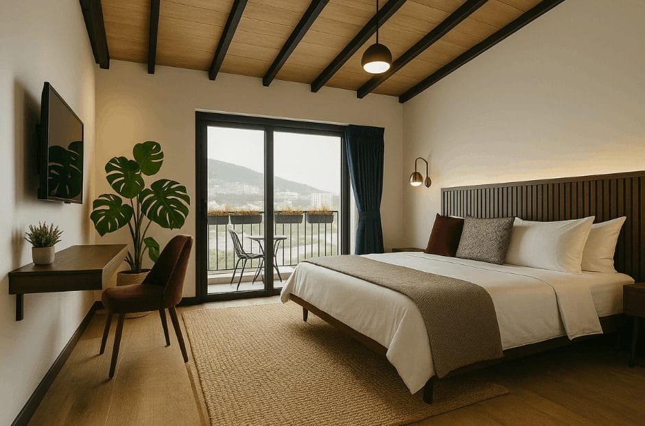 Un dormitorio moderno con una cama doble TV de pared escritorio silla planta en maceta y un balcón con vista a la montaña a través de puertas de vidrio Un dormitorio moderno con una cama doble TV de pared escritorio silla planta en maceta y un balcón con vista a la montaña a través de puertas de vidrio
