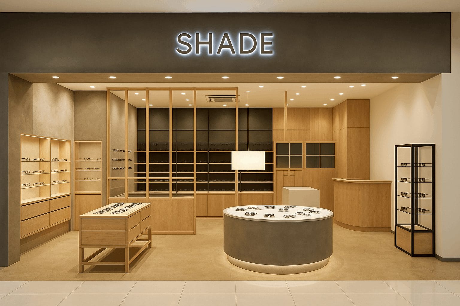 Interior de una moderna tienda de gafas con estanterías y exhibidores de madera minimalistas y marcos de gafas debajo de un cartel que dice «SHADE» Interior de una moderna tienda de gafas con estanterías y exhibidores de madera minimalistas y marcos de gafas debajo de un cartel que dice "SHADE"