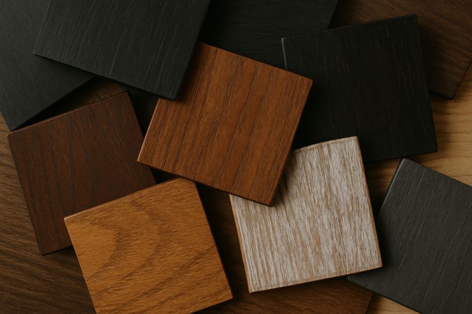 Varias muestras de laminado de madera en diferentes tonos y acabados ideales para muebles en madera se disponen superpuestas sobre una superficie plana-¿Qué madera usar para tus muebles de madera? Guía para elegir la mejor opción para tu hogar