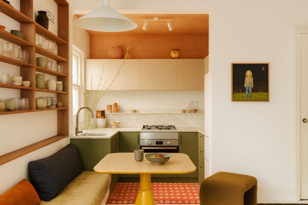Pequeña cocina moderna con armarios de color verde oliva y beige estanterías abiertas una mesa de comedor amarilla y un banco para sentarse un diseño de Airbnb perfecto para destacar tu propiedad Complétala con cuadros en la pared para darle un toque de estilo-Diseño de Airbnb: consejos prácticos para destacar tu propiedad