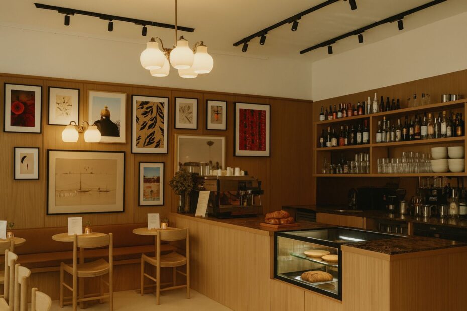 El interior de una cafetería moderna con muebles de madera obras de arte enmarcadas una vitrina de pastelería y estanterías con botellas y cristalería es la inspiración perfecta para la decoración de espacios comerciales o el diseño contemporáneo de negocios-Diseñar espacios que inspiran y venden
