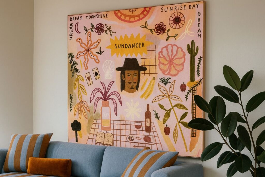 Un gran cuadro de colores con caprichosos dibujos plantas y texto cuelga sobre un sofá azul con cojines a rayas ofreciendo destacar propiedad e inspirar diseño de Airbnb en esta moderna sala de estar-Diseño de Airbnb: consejos prácticos para destacar tu propiedad