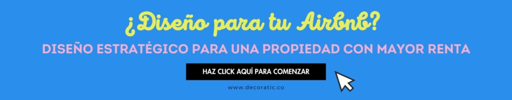 Banner azul con texto en amarillo y blanco promocionando consejos prácticos de Diseño de Airbnb para destacar tu propiedad con un botón de llamada a la acción y la URL del sitio web en la parte inferior-Diseño de Airbnb: consejos prácticos para destacar tu propiedad