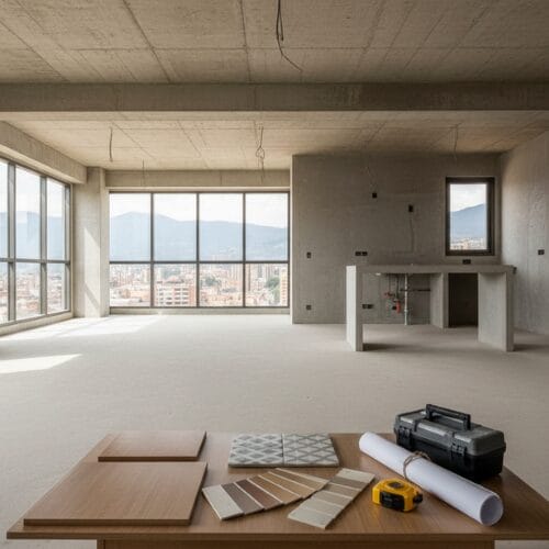 Interior de apartamento moderno inacabado con grandes ventanales una zona de cocina americana y una mesa con materiales de renovación muestras de colores una caja de herramientas y una cinta métrica Perfecto para inspiración de arquitectura y diseño de interiores-Diseño de Interiores Online