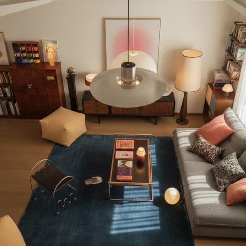 Un acogedor salón con sofá gris alfombra azul mesa de centro con libros iluminación moderna y cálidos detalles decorativos muestra un cuidado diseño de interiores y elegantes estanterías-Diseño de Interiores Online