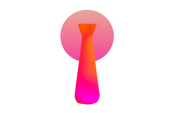 Un objeto alto en forma de cono y con la parte superior estrecha se muestra en brillantes tonos naranja y rosa perfectos para decorar sobre un círculo rosa degradado sobre un fondo blanco liso-Diseño de Interiores Online